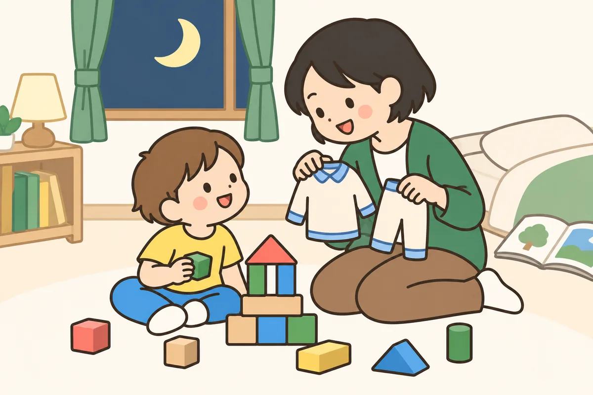 パジャマを手にした大人と、まだブロックで遊んでいる子ども