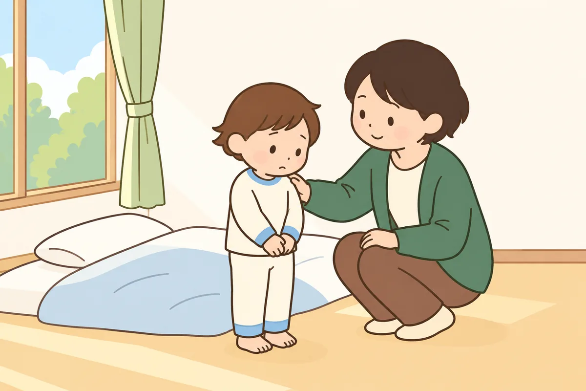 朝の寝室で、パジャマ姿の子どもがうつむき、大人がしゃがんで声をかけている。
