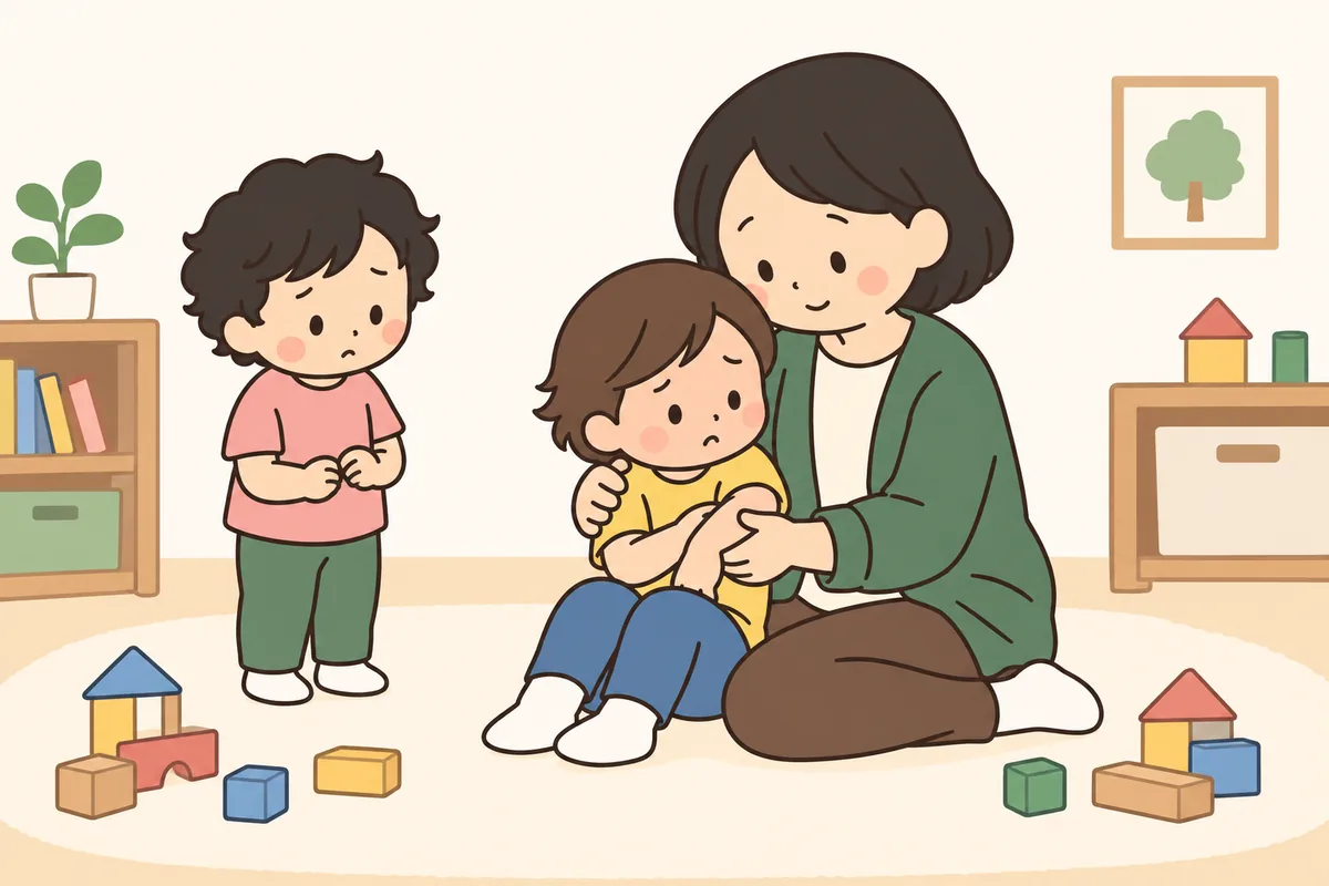 おもちゃの取り合いのあと、泣いている子をだっこする大人と、そばで見ている子ども。