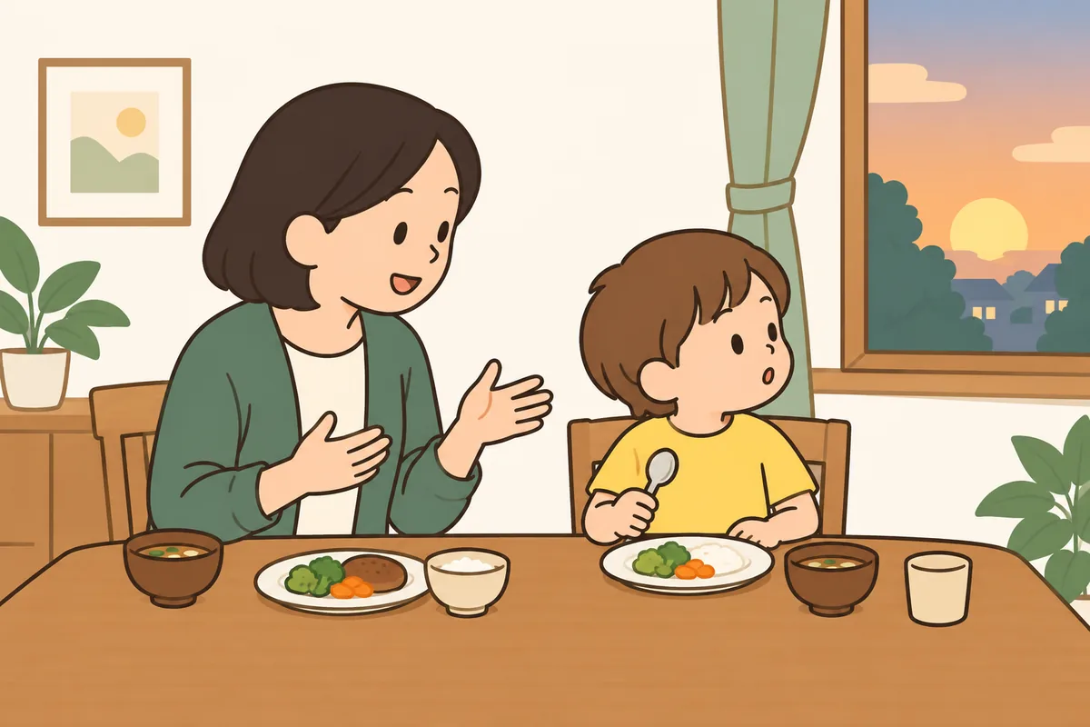 食卓で、大人が話しかけているのに、子どもがよそを見て一言だけ返している