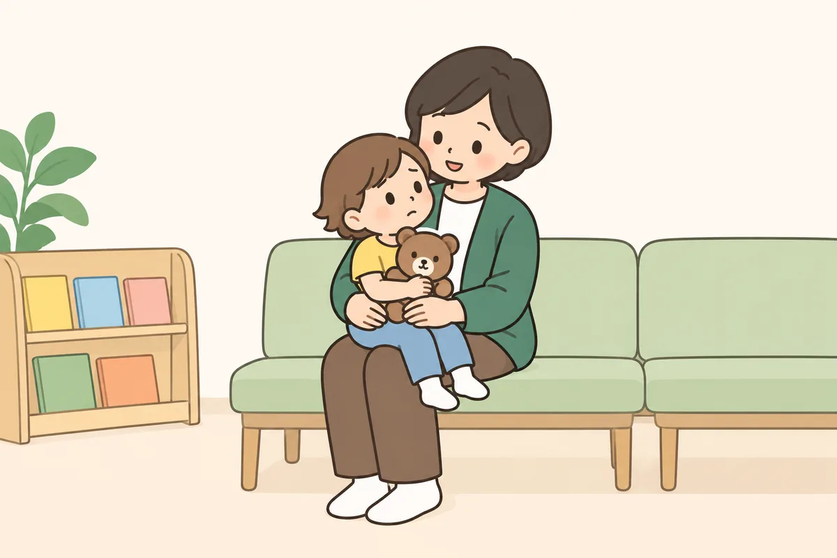 小児科の待合室で、大人のひざの上の子どもがぬいぐるみを抱きしめている