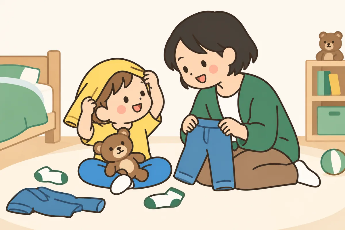 床に服を広げたまま、シャツを頭にかぶって遊んでいる子どもと、そばの大人