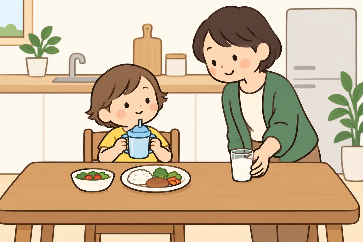マグを持って座る子どもの前で、ごはんのお皿がほとんど手つかずのまま残っている。