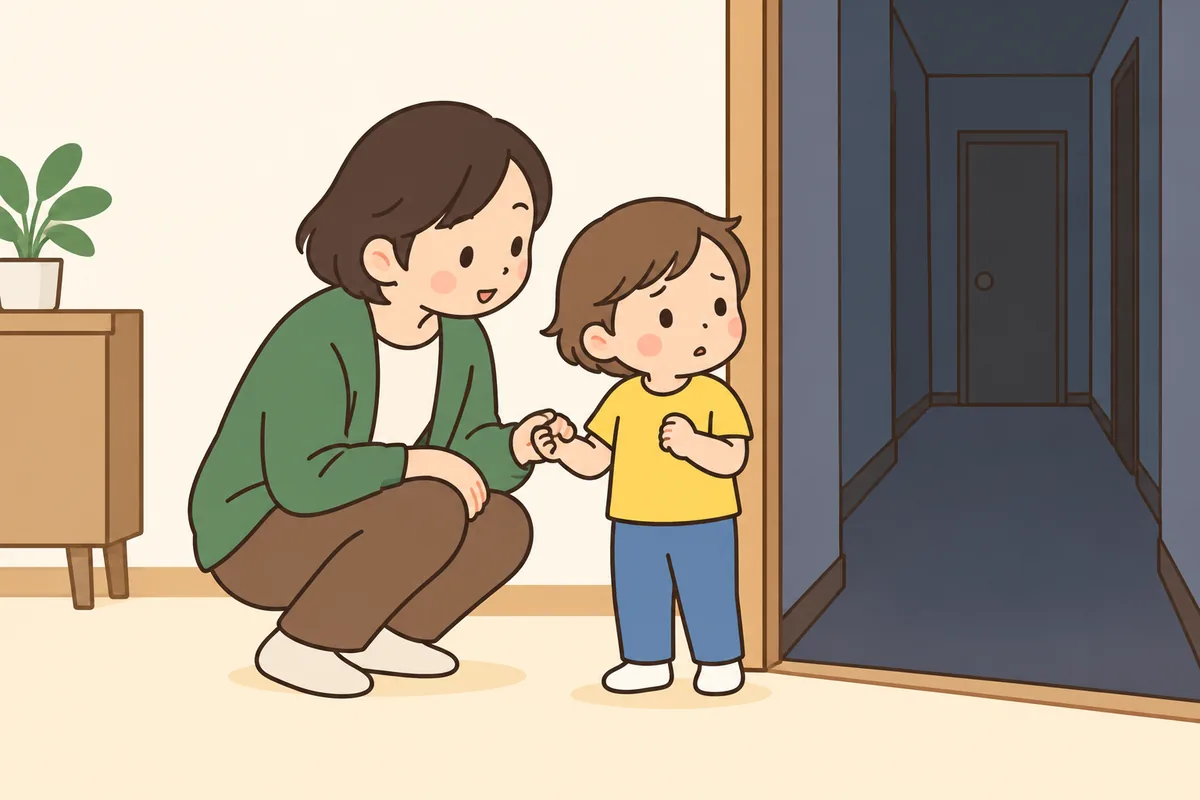 暗い廊下の前で、子どもが大人の手をにぎって立ち止まっている。