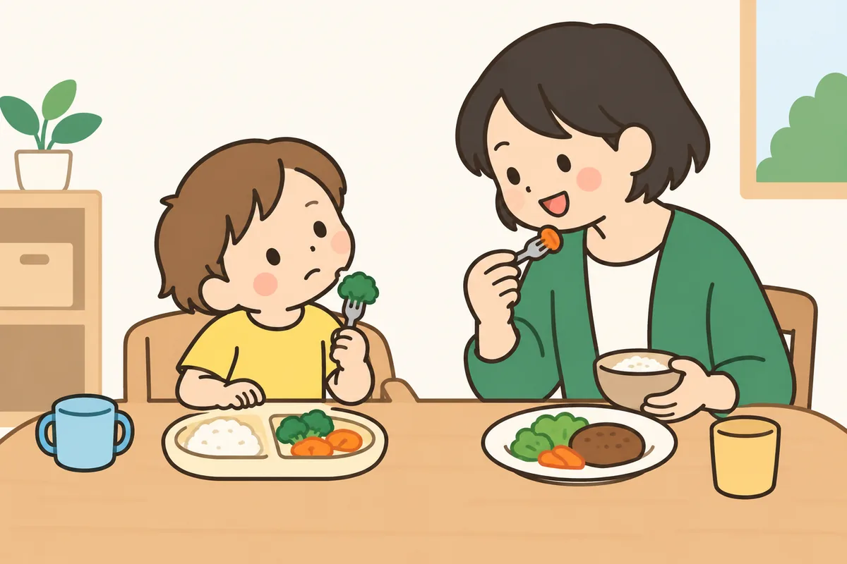 食卓で、お皿の野菜をじっと見る子ども