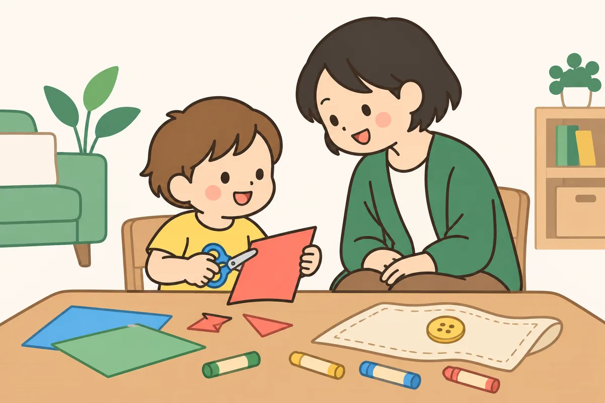 子どもが子ども用のはさみで紙を切ろうとしていて、大人がそばで見守っている