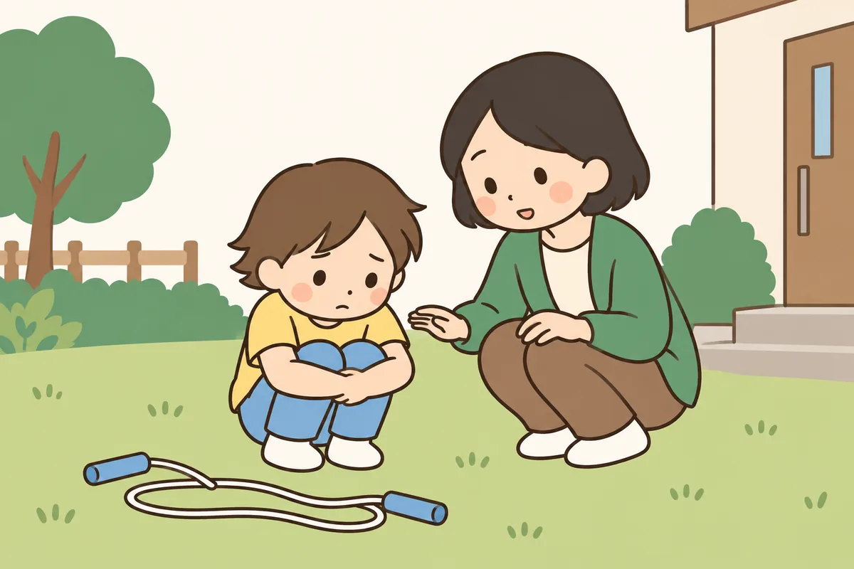 うまく跳べないなわとびを置いて、子どもがしゃがみこんでいる。
