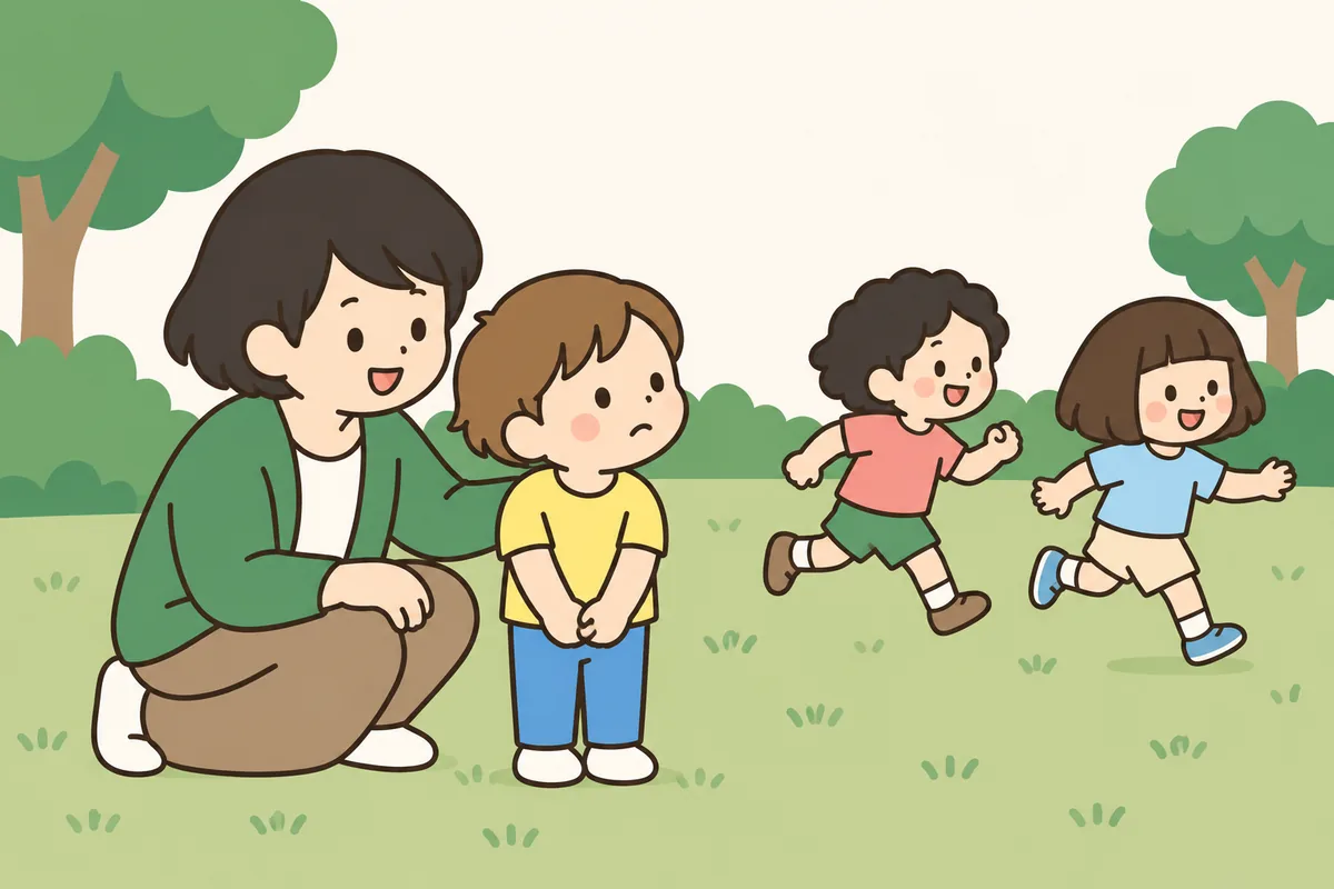 公園で鬼ごっこをする子どもたちから離れて、子どもが一人で立っている