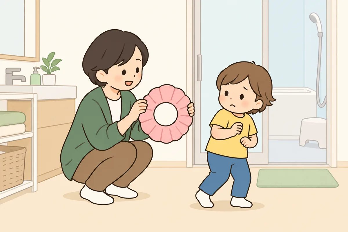 お風呂の前に、シャンプーハットを見せられた子どもが首を横に振っている