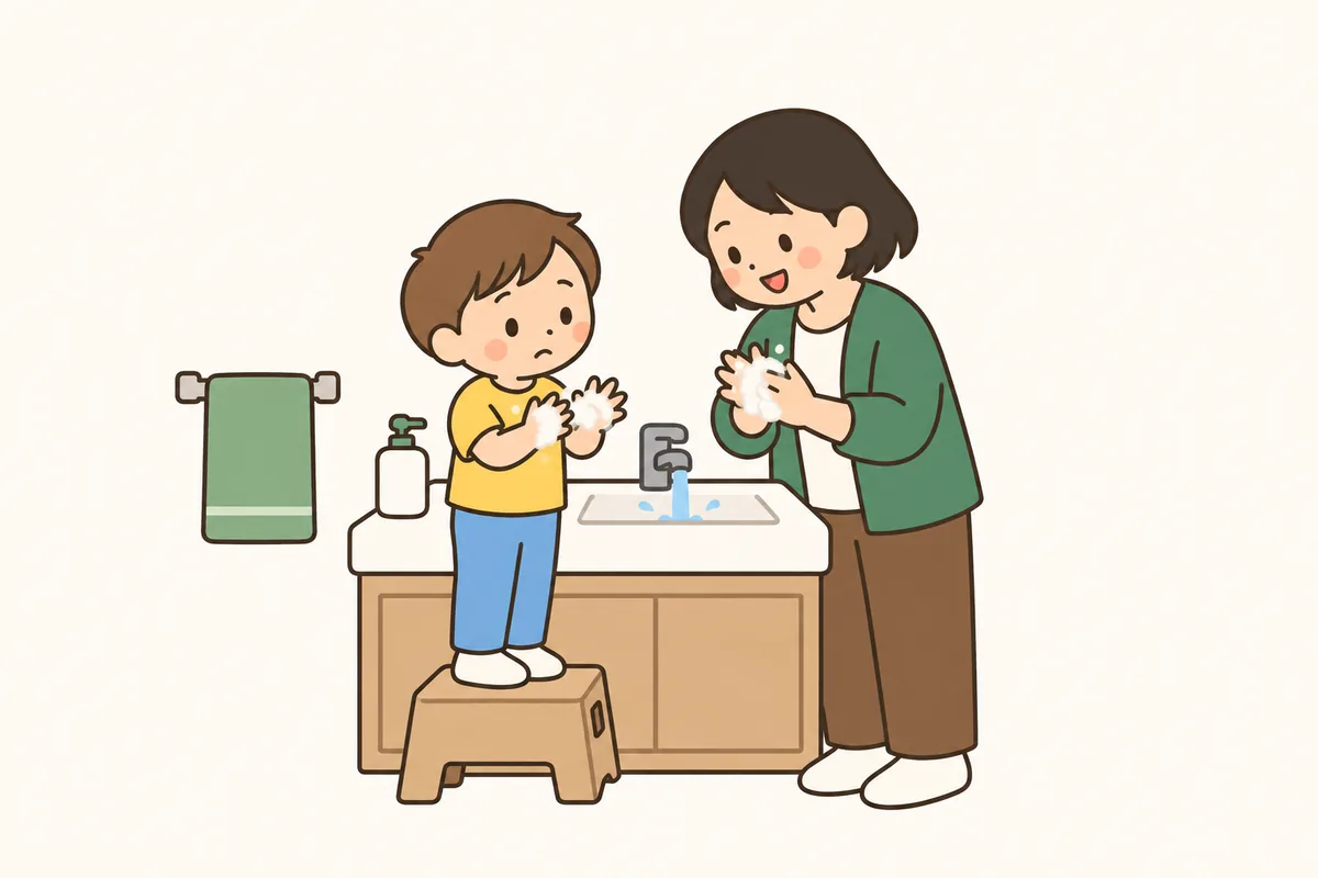 洗面台で、大人と子どもが並んで手を洗っている