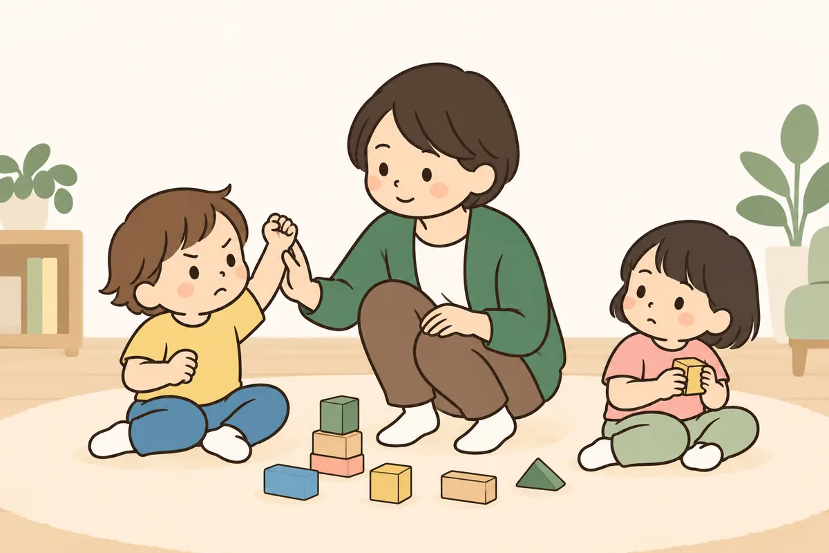 積み木を取られた子どもが手を上げかけ、大人がそっとその手を止めている