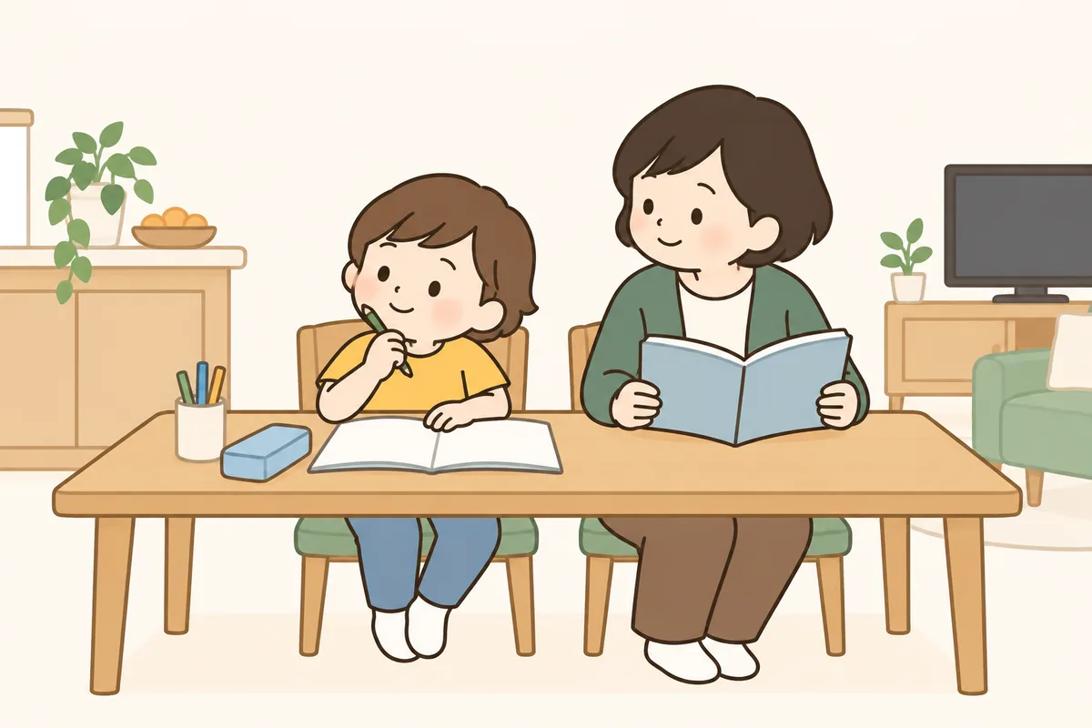食卓でノートを広げた子どもが鉛筆を持ち、隣で大人が本を読んでいる。