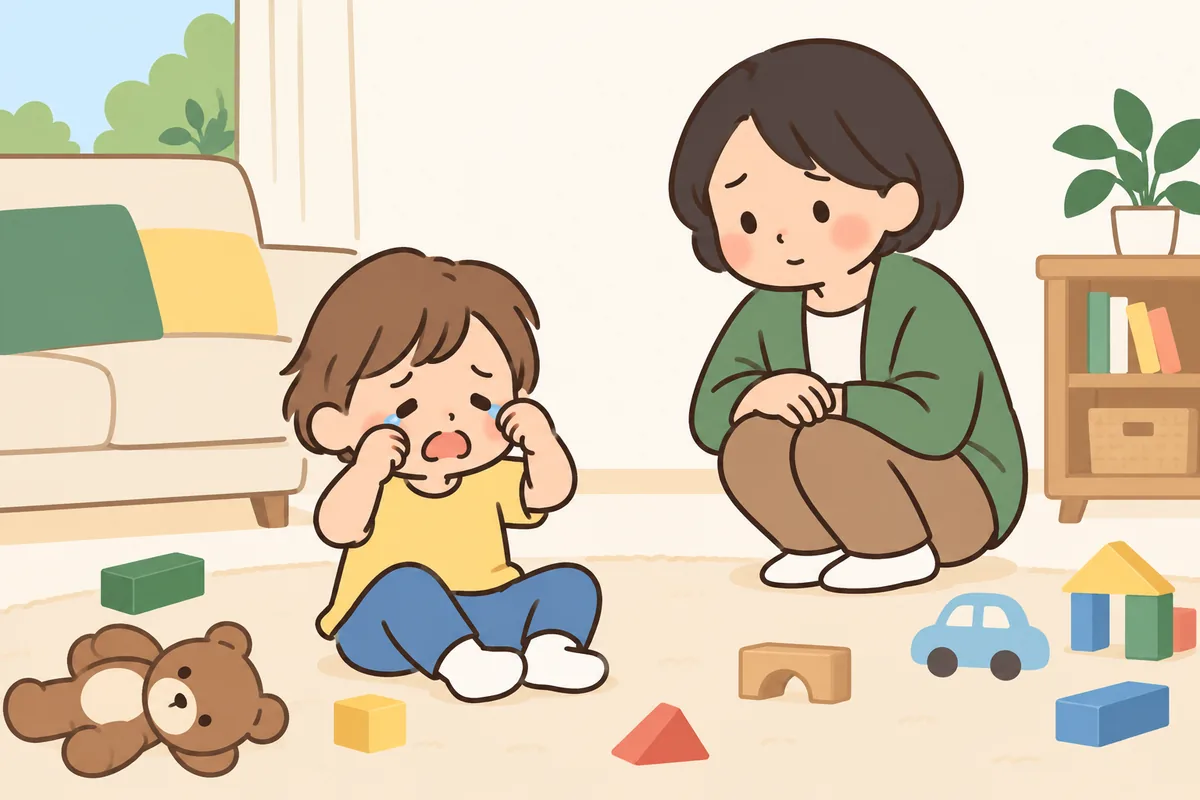 床に座って泣いている子どものそばに、大人がしゃがんで寄り添っている