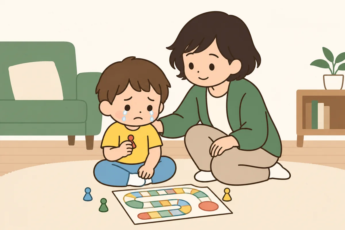 床のすごろくの前で、負けた子どもが泣いていて、大人がそばにしゃがんでいる