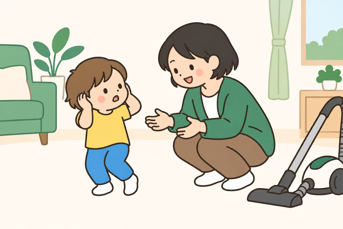 掃除機の音に驚いて耳をふさぐ子どもに、大人がしゃがんで声をかけている