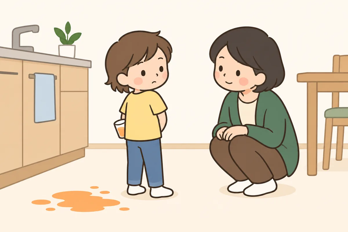 床にこぼれたジュースの前で、子どもが目をそらして首を振っている。