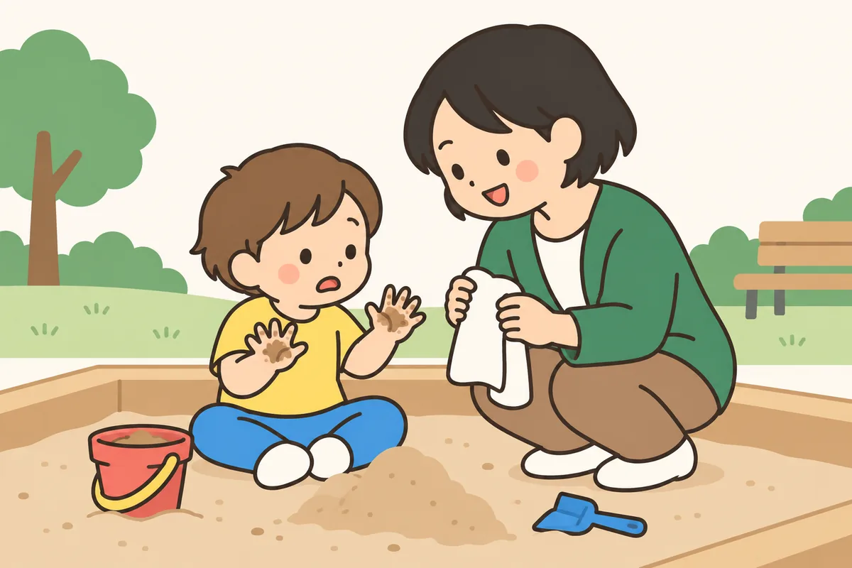 砂場で、砂のついた手を広げて困った顔をしている子どもと、そばの大人