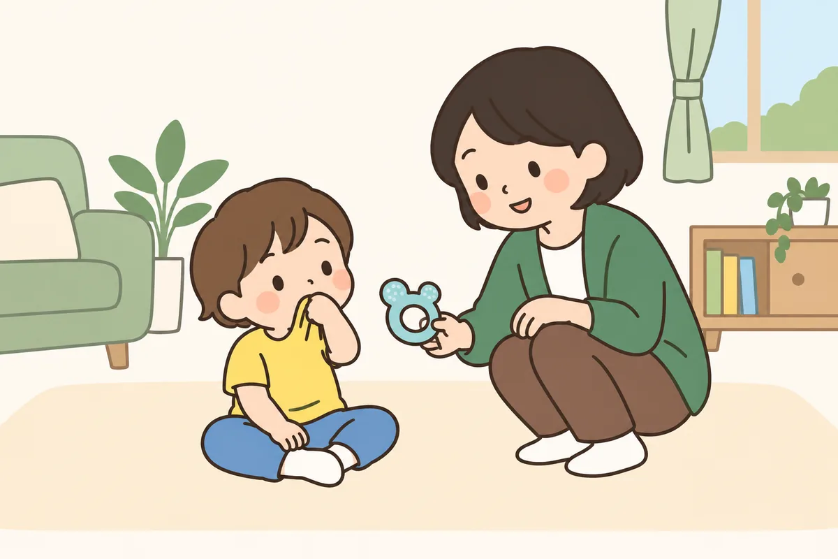 服の袖をくわえている子どもと、かむためのおもちゃを差し出す大人