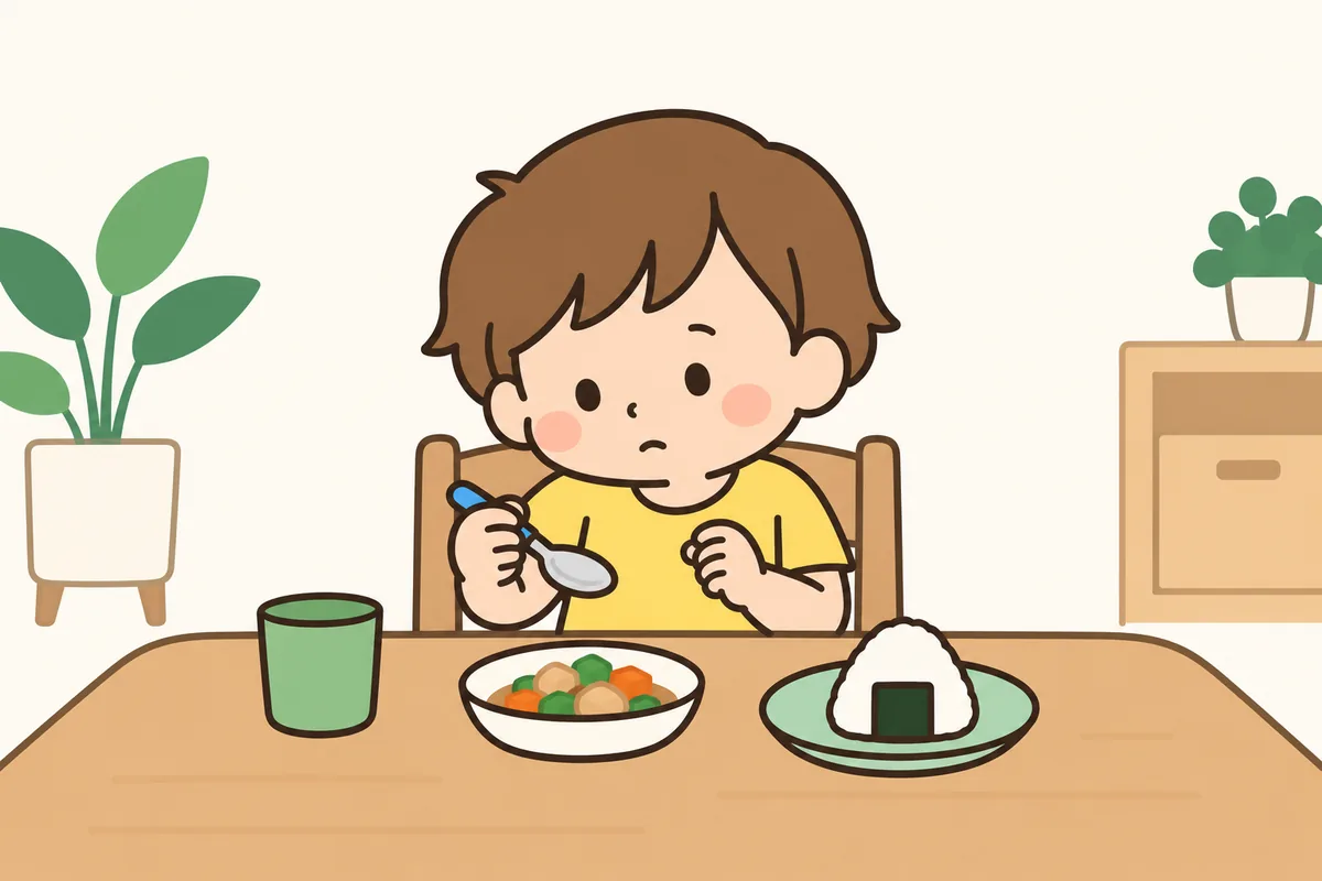 見慣れない料理を、子どもがスプーンを持ったまま見つめている