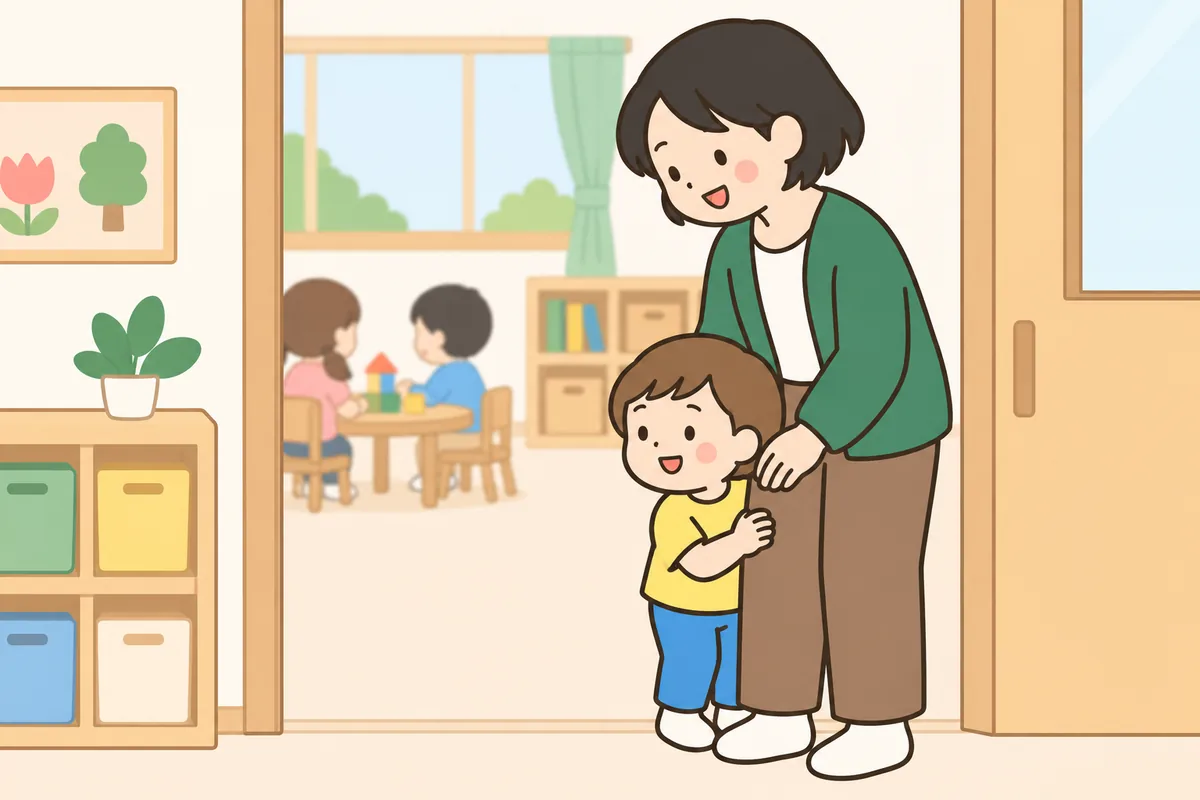 初めての部屋の入口で、子どもが大人の脚の後ろから中をのぞいている