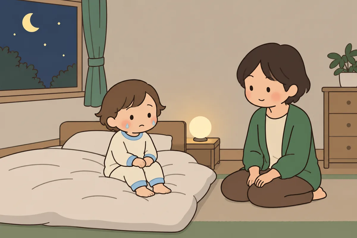 夜の寝室で、布団に座って泣く子どものそばに、大人が静かに座っている。