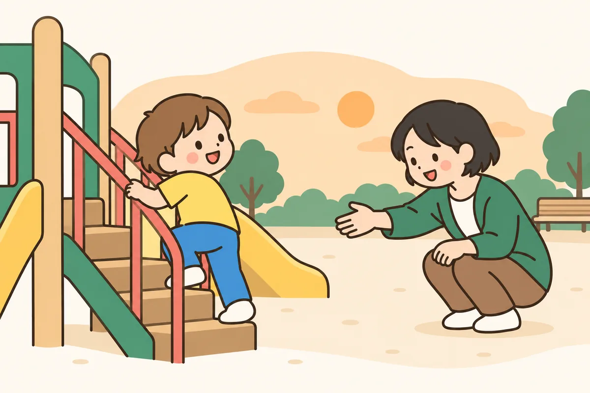 夕方の公園で、すべり台のそばにいる子どもに大人が手を差し出している