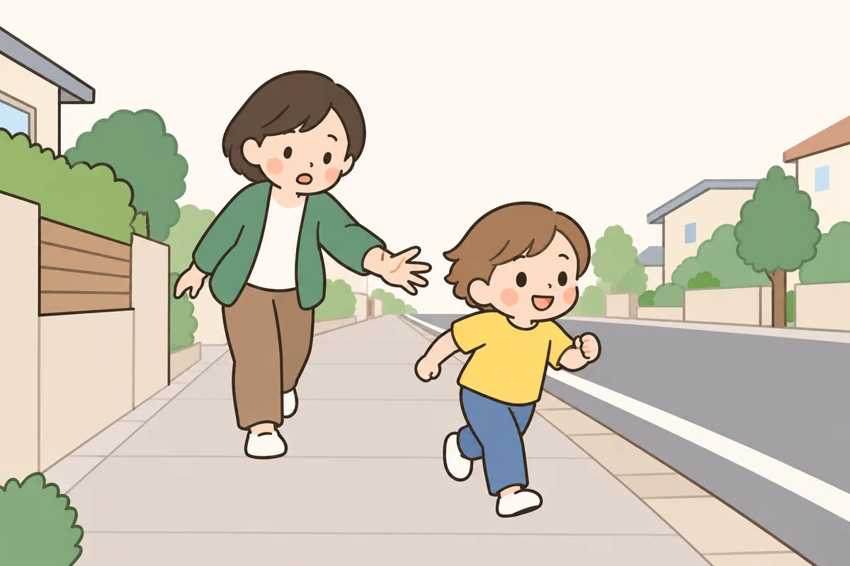 歩道で、子どもが大人の手を振りほどいて前へ走り出そうとしている