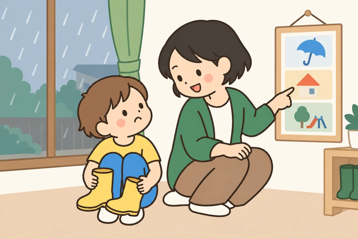 雨の窓辺で、公園に行けずに泣きそうな子どもに、大人がしゃがんで話しかけている