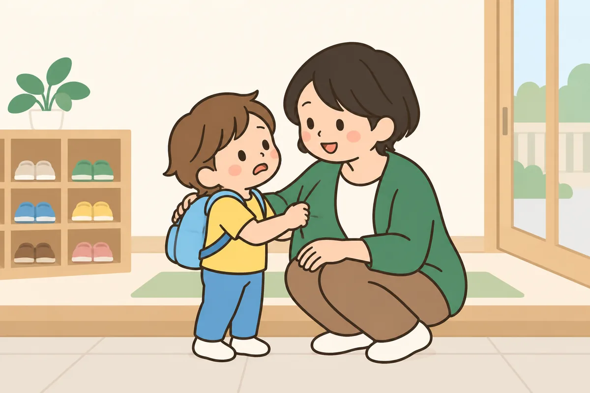 園の入口で大人の服をつかむ子どもと、しゃがんで目線を合わせる大人
