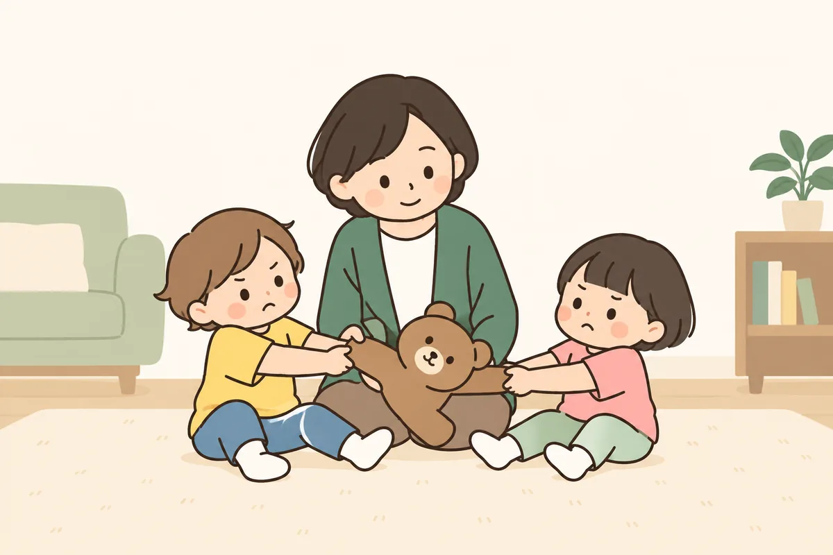 ぬいぐるみを引っぱり合う2人の子どものあいだに、大人がしゃがんで入っている