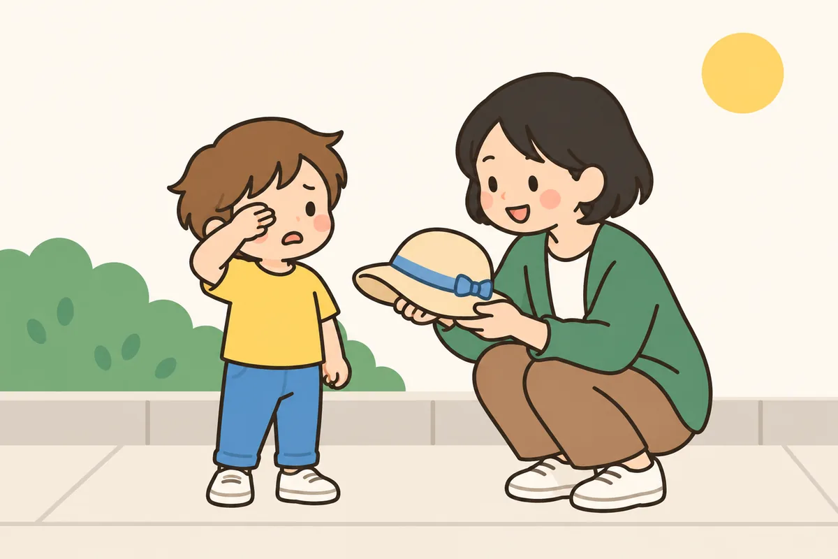 晴れた日の外で、まぶしそうに目を細める子どもに、大人がつばのある帽子を差し出している