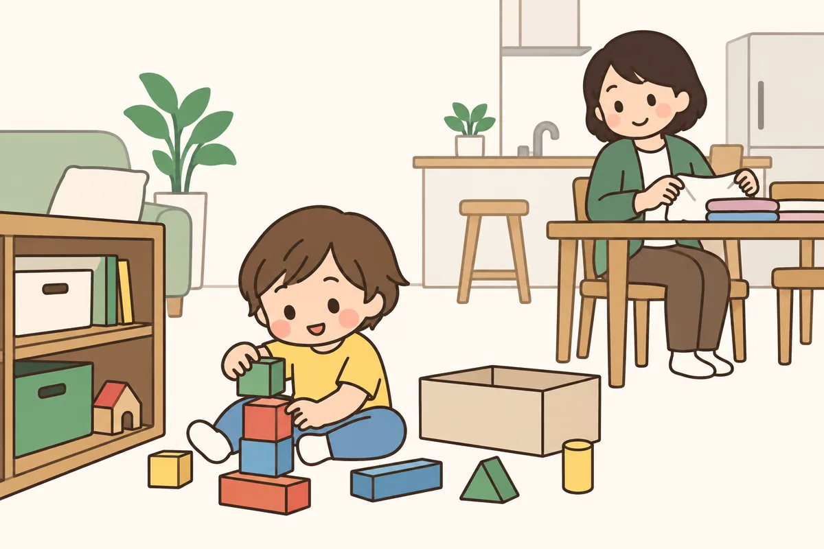 台所で洗濯物をたたむ大人の近くで、子どもが床で積み木を広げて遊んでいる