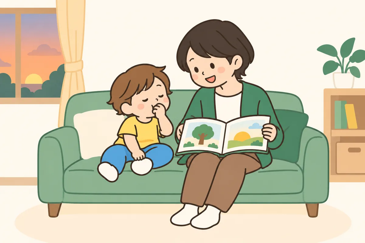 ソファで眠そうに親指を口に入れている子どもと、隣で絵本を開く大人