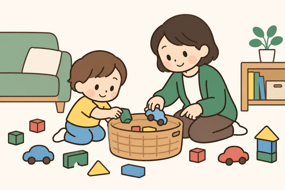 散らかったおもちゃを、子どもと大人がしゃがんで一緒に箱に入れている