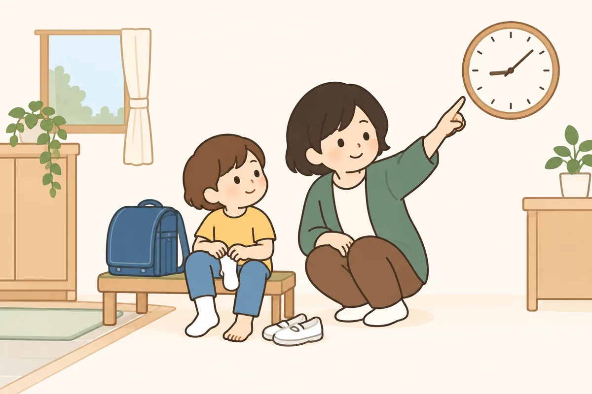 出かける時刻なのに、まだ支度の途中の子どもと、時計を指さす大人。