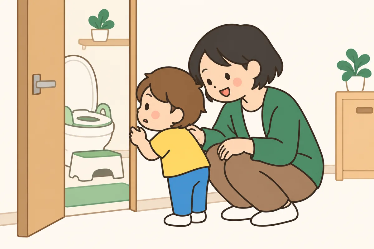 トイレの前で、子どもが大人の脚につかまって中に入るのをためらっている