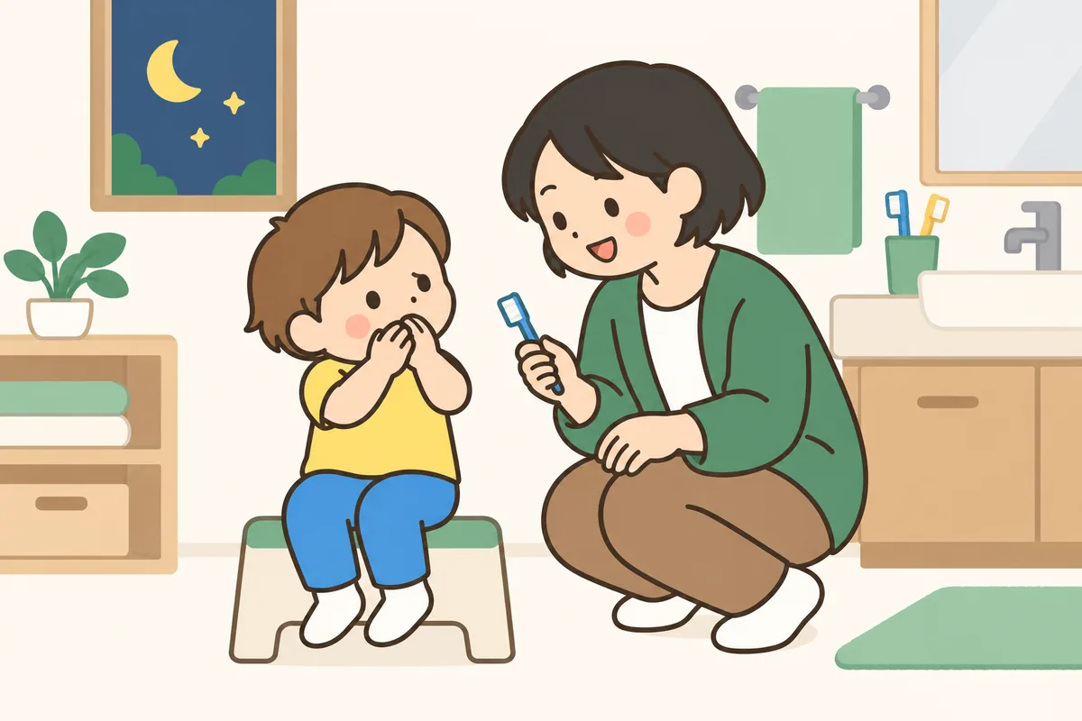 歯ブラシを見て口をおさえ、顔をそむける子どもと、しゃがんで目線を合わせる大人