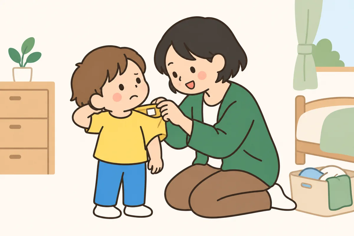 服の首の後ろを気にする子どもと、服の内側を確かめる大人
