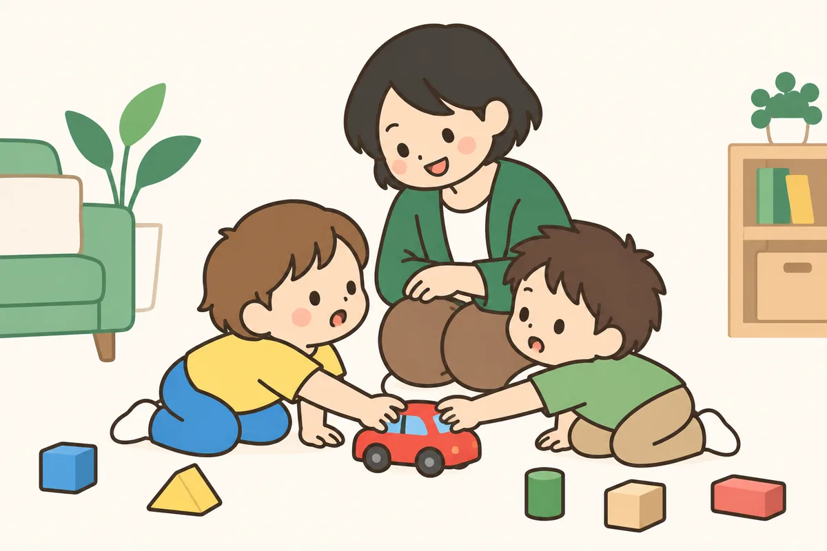 1台のおもちゃの車に、2人の子どもが両側から手を伸ばしている