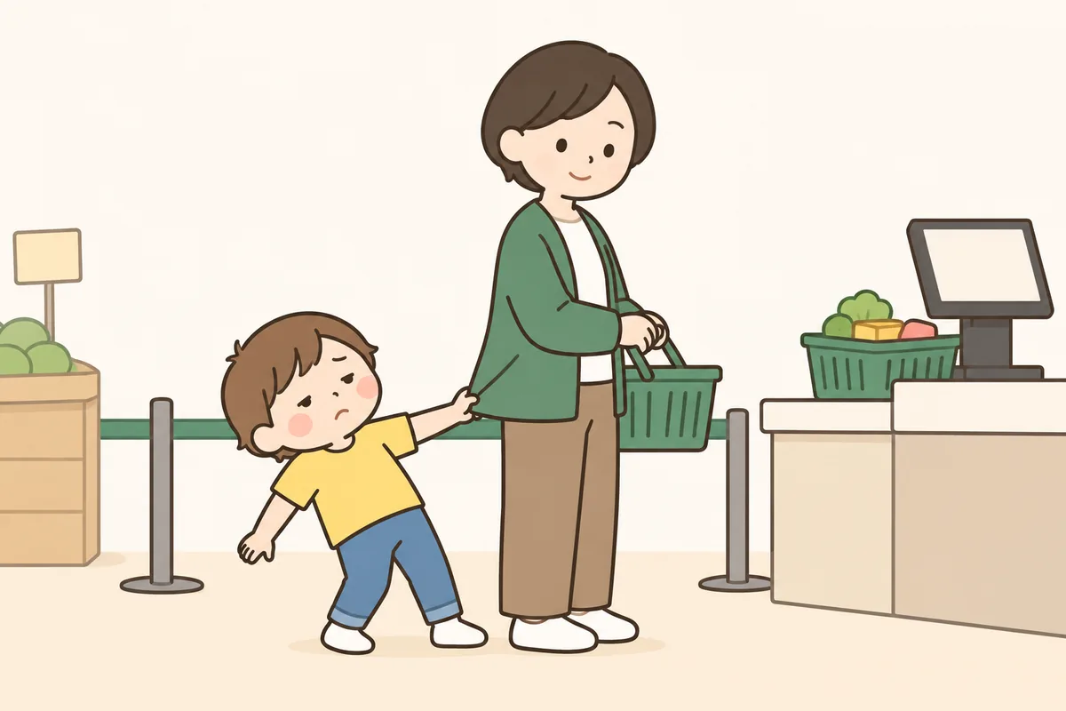 スーパーのレジの列で、子どもが大人の服を引っぱり、退屈そうに体をそらせている