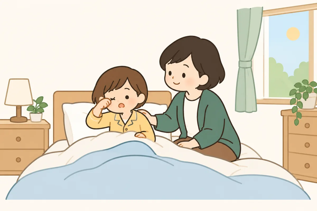 朝日が差し込む部屋で、布団から顔だけ出して眠そうな子どもと、そばで声をかける大人。