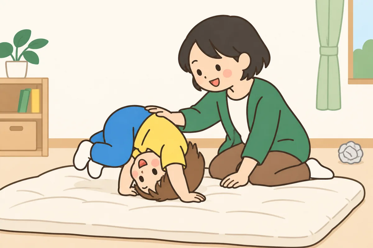 布団の上ででんぐり返しをする子どもと、支える大人