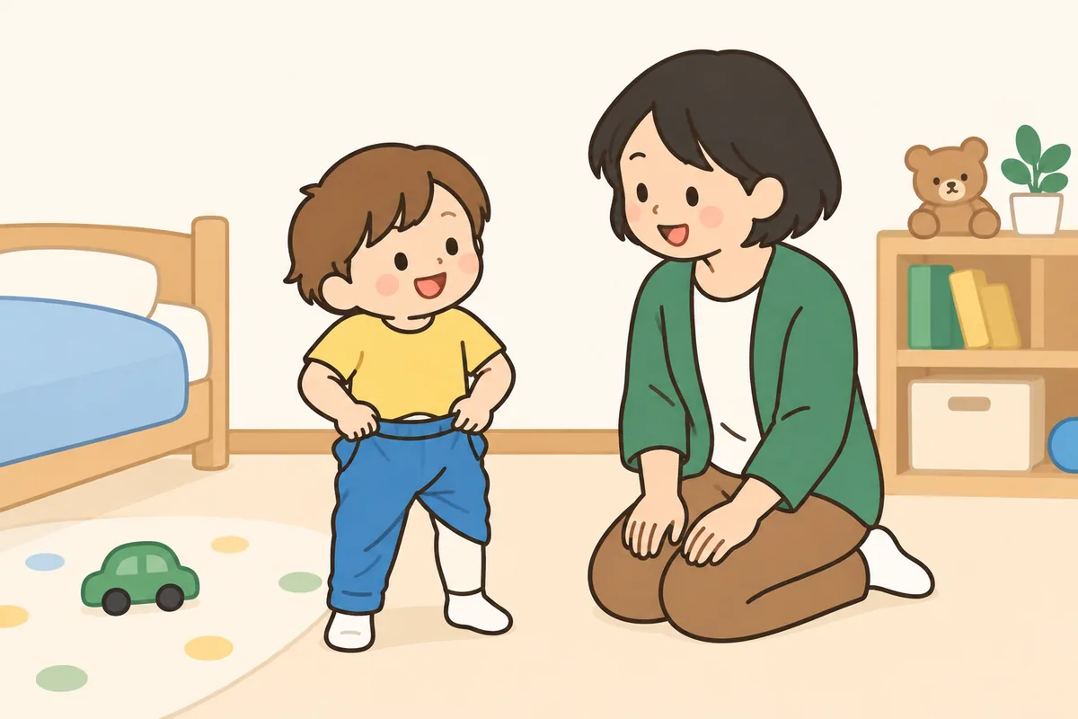 ひざまで通したズボンを、子どもが自分で引き上げている