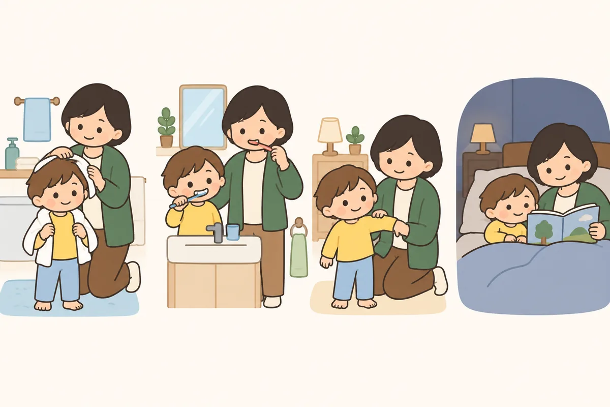 おふろ、歯みがき、パジャマ、絵本の場面が順番に並んでいる