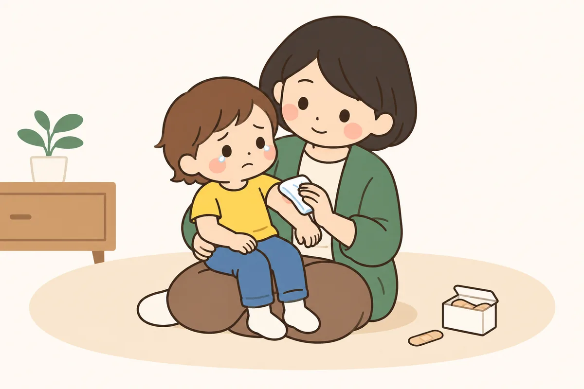 子どもの腕を冷たいタオルで冷やしながら、だっこして声をかける大人。