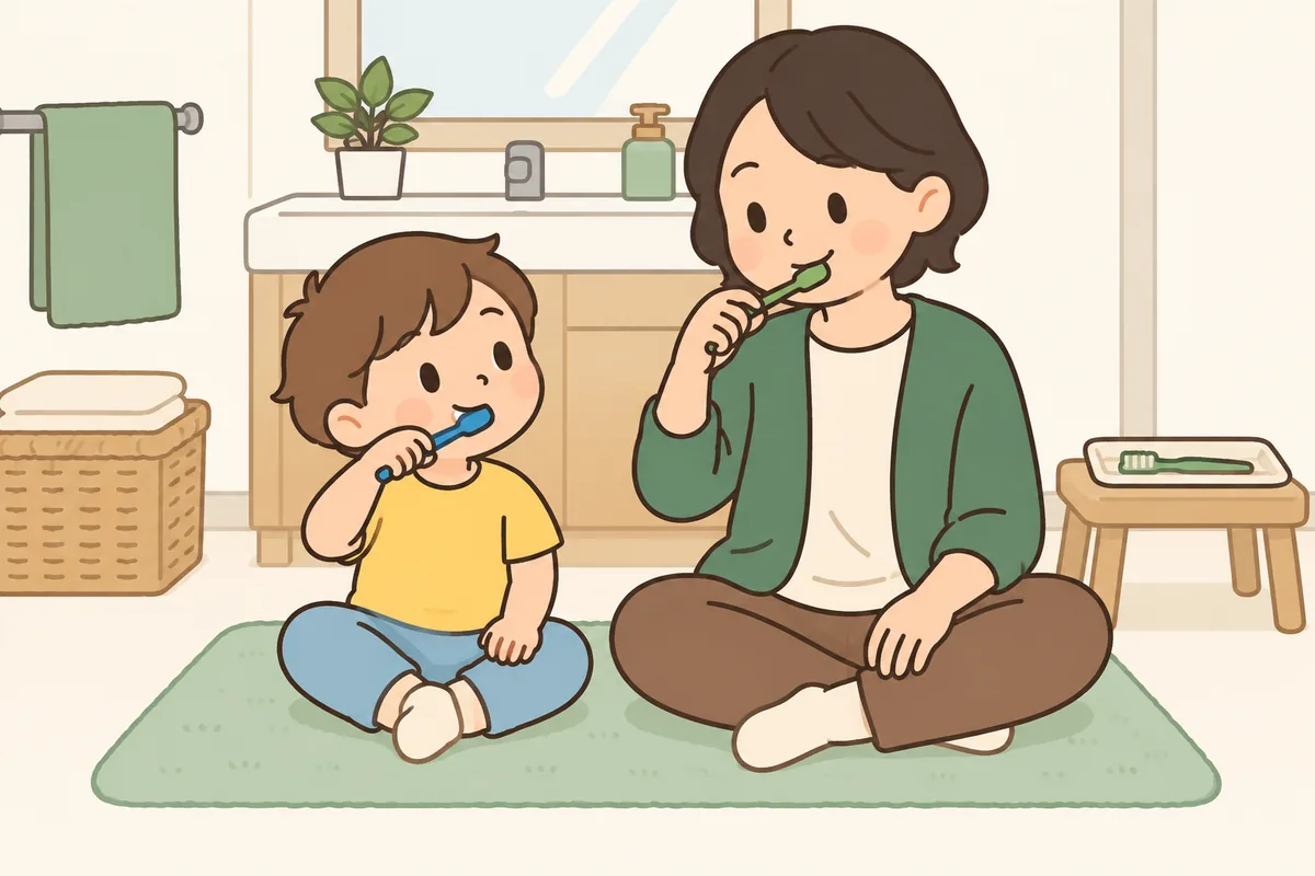 床に並んで座り、大人と子どもがそれぞれ自分の歯ブラシで歯をみがいている