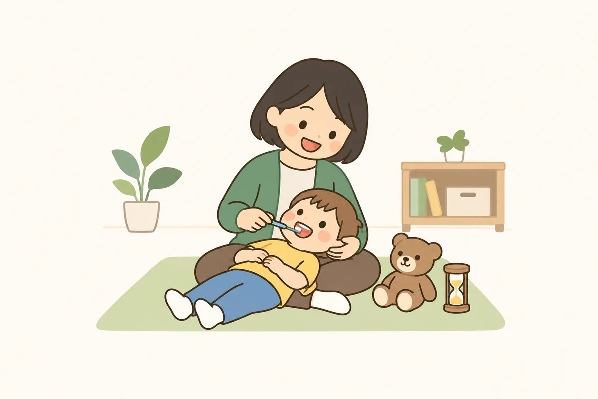 歌いながら仕上げみがきをする大人と、楽しそうに口を開けている子ども