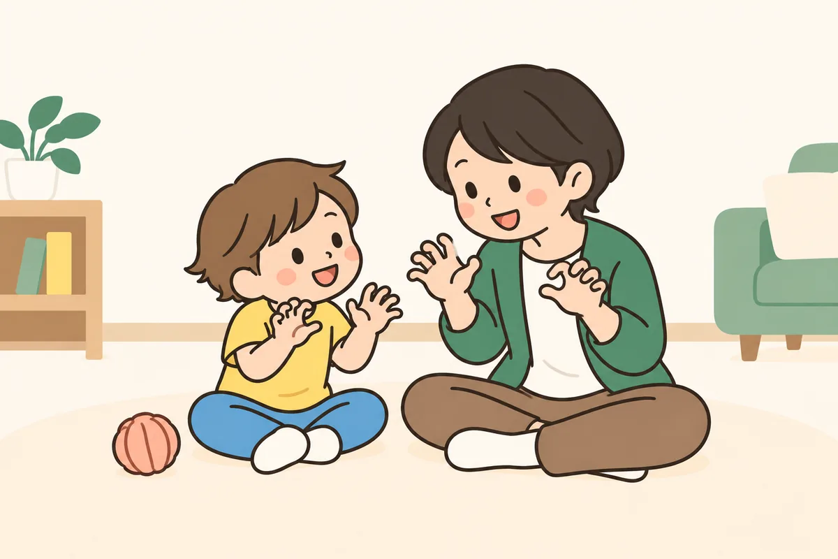 向かい合って、指をくねくね動かして見せ合う子どもと大人