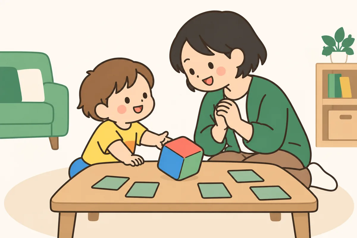 テーブルでサイコロを転がす子どもと、一緒に笑う大人