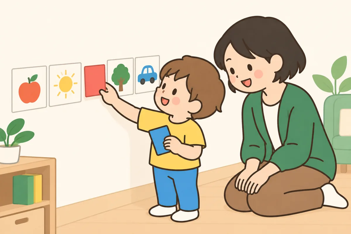 壁の絵の予定表に、子どもが新しいカードを差し込んでいる